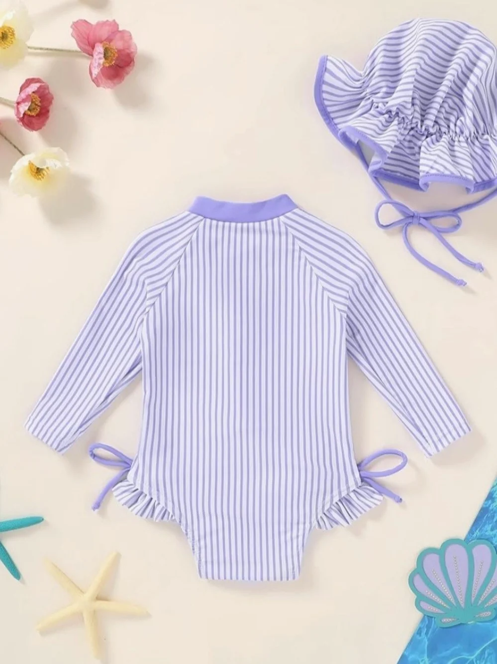 Lilac Striped Long-Sleeve Baby Rashguard Swim Set with Sun Hat. 6-9 Months. NWT.